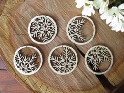 Birch Wood Snowflake Ornaments Set Of 5, Laser Cut Christmas Decor - thumbnail 1