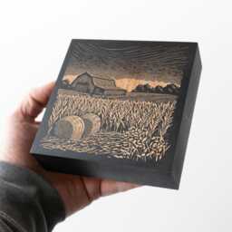 Iowa Corn Fields Engraved Wood Wall Art Panel - Linocut Block Print Style Art, State Illustration, Farm Folk Country Decor Gift - thumbnail 2