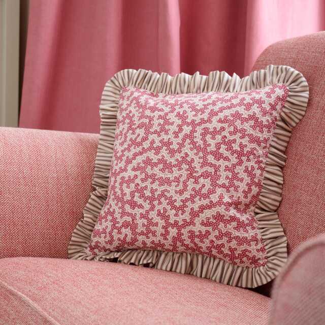 Sanderson Truffle Damson Ruffled Cushion Cover, Ian Mankin Ticking - image 1