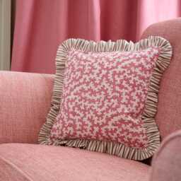 Sanderson Truffle Damson Ruffled Cushion Cover, Ian Mankin Ticking - thumbnail 1