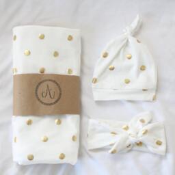 Gold Dot Baby Blanket, Hat, Headband Set - thumbnail 2