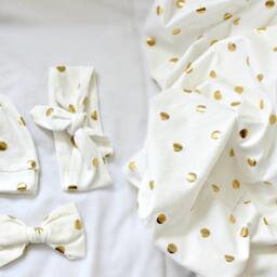 Gold Dot Baby Blanket, Hat, Headband Set - thumbnail 3