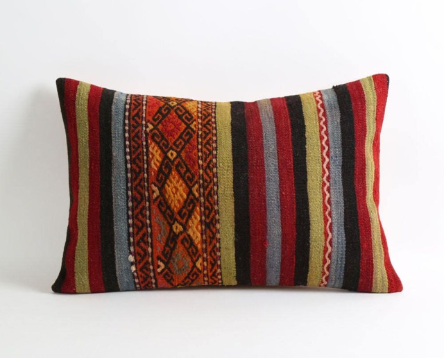 striped Kilim Pillow Cover Vintage Berber Wool Cushion - 16x24 - image 1