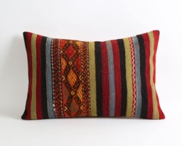 striped Kilim Pillow Cover Vintage Berber Wool Cushion - 16x24 - thumbnail 1