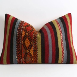 striped Kilim Pillow Cover Vintage Berber Wool Cushion - 16x24 - thumbnail 2