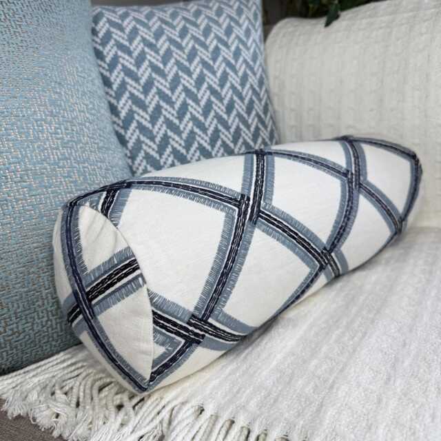 Handmade Embroidered Bolster Pillow Modern White & Blue Geometric Cushion - image 1
