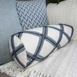 Handmade Embroidered Bolster Pillow Modern White & Blue Geometric Cushion - thumbnail 1