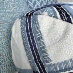 Handmade Embroidered Bolster Pillow Modern White & Blue Geometric Cushion - thumbnail 2
