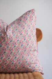 Block Print Pillow Cover Floral Batik, Ethnic Farmhouse Decor - thumbnail 1