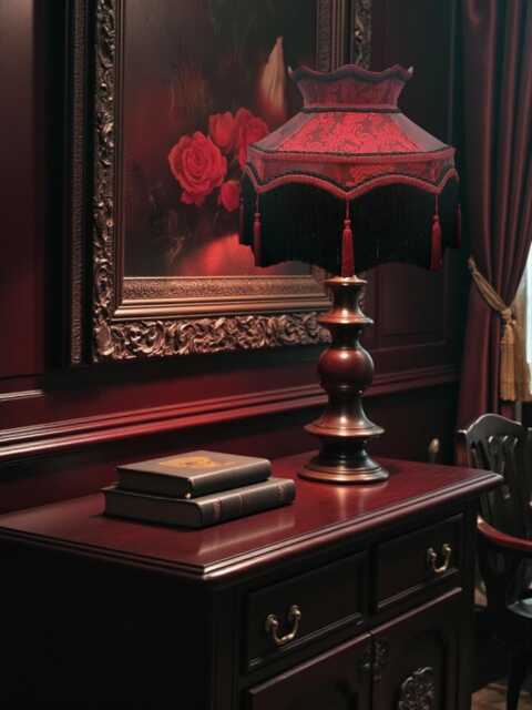 Burgundy Red Paisley Lamp Shades With Black Fringe Downton Abbey Style, Handmade For Table & Floor Standard Lampshades, Ceiling Lights - image 1