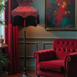 Burgundy Red Paisley Lamp Shades With Black Fringe Downton Abbey Style, Handmade For Table & Floor Standard Lampshades, Ceiling Lights - thumbnail 3