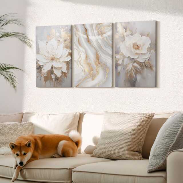 Canvas Set Of 3 Wall Art - Flowers & Marble Pattern, Creamy Large Art, Plants Hanging Piece - image 1