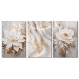 Canvas Set Of 3 Wall Art - Flowers & Marble Pattern, Creamy Large Art, Plants Hanging Piece - thumbnail 2