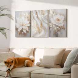 Canvas Set Of 3 Wall Art - Flowers & Marble Pattern, Creamy Large Art, Plants Hanging Piece