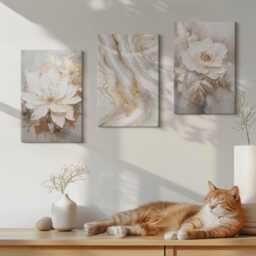 Canvas Set Of 3 Wall Art - Flowers & Marble Pattern, Creamy Large Art, Plants Hanging Piece - thumbnail 3