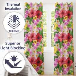 Hibiscus Flowers Plumeria Leaves Exotic Floral Soft Pink Seamless Pattern Readymade Eyelet Ring Top Thermal 100% Blackout Curtains - thumbnail 3
