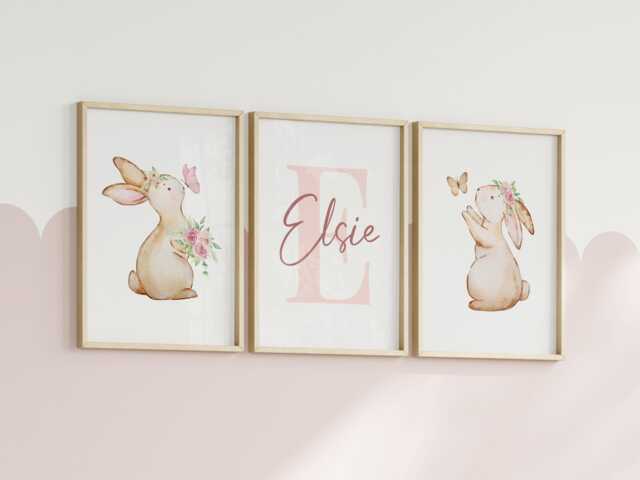 Set Of 3 Bunny Nursery Prints - Custom Baby Name Rabbit Butterfly Posters Personalised Girl Room Dusky Pink Decor Unframed - image 1