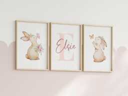 Set Of 3 Bunny Nursery Prints - Custom Baby Name Rabbit Butterfly Posters Personalised Girl Room Dusky Pink Decor Unframed - thumbnail 1