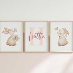 Set Of 3 Bunny Nursery Prints - Custom Baby Name Rabbit Butterfly Posters Personalised Girl Room Dusky Pink Decor Unframed - thumbnail 3