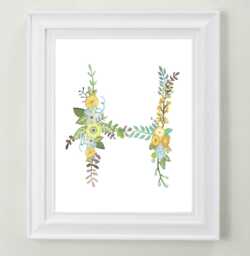 H - Floral Letter Art Print Girls Nursery Decor Decorative Botanical Initial Baby Or Child's Room Newlywed Gift Wall - thumbnail 1