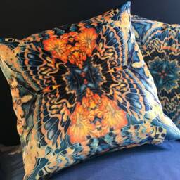 Blue Grey Gold Butterfly Cushion Luxury Velvet Repeat Print - Contemporary Settee Sofa Accent Throw Pillow - thumbnail 3