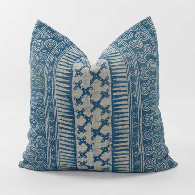 Vintage Indigo Hemp Pillow Cover, White Boho Batik, Rustic Tribal Cushion - image 1
