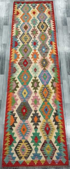 Colourful Runner Rug, Handmade Artisan Afghan Turkish Scandinavian Navajo Bohemian Flatweave Wool Multicolour Kilim Rug 305x83 cm - image 1