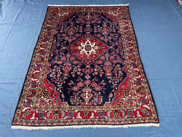 5x7 Ft, Handmade Sarouk Rug, Navy Blue Floral Area Traditional Crimson Medallion Oriental Antique Moody Aesthetic Living Room Rug - image 1