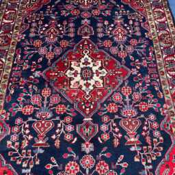 5x7 Ft, Handmade Sarouk Rug, Navy Blue Floral Area Traditional Crimson Medallion Oriental Antique Moody Aesthetic Living Room Rug - thumbnail 3
