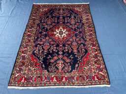 5x7 Ft, Handmade Sarouk Rug, Navy Blue Floral Area Traditional Crimson Medallion Oriental Antique Moody Aesthetic Living Room Rug - thumbnail 1