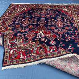 5x7 Ft, Handmade Sarouk Rug, Navy Blue Floral Area Traditional Crimson Medallion Oriental Antique Moody Aesthetic Living Room Rug - thumbnail 4