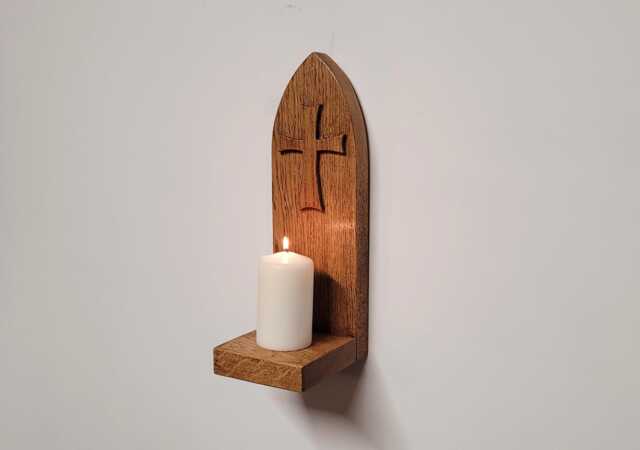 Gothic Arch Cross Motif Wall Hanging English Oak Candle Holder Sconce Shelf Hand Made - image 1