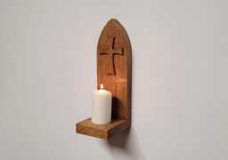 Gothic Arch Cross Motif Wall Hanging English Oak Candle Holder Sconce Shelf Hand Made - thumbnail 1