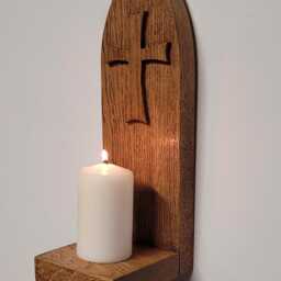 Gothic Arch Cross Motif Wall Hanging English Oak Candle Holder Sconce Shelf Hand Made - thumbnail 3