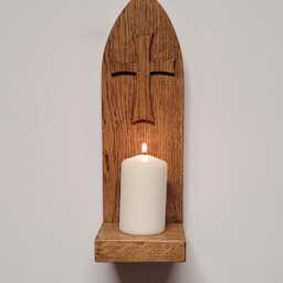 Gothic Arch Cross Motif Wall Hanging English Oak Candle Holder Sconce Shelf Hand Made - thumbnail 2
