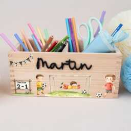 Personalized Pencil Holder Football, Desk Organizer Wood Acrylic Name, Cup School Enrollment, Gift Schoolchild Boys - thumbnail 3