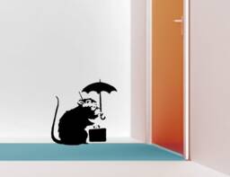 Wall Decal Banksy Rat On Tour, Graffity Rat A Trip Decal With Suitcase & Umbrella, Street Art Wall Sticker, Stencil Style - thumbnail 1