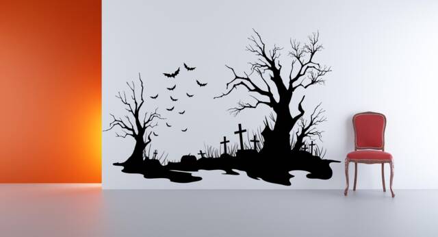 Cemetery Wall Decal, Graveyard Silhouette Scene, Spooky Tree & Bats Art, Gothic Landscape Decor, Haunted House Backdrop - image 1
