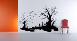 Cemetery Wall Decal, Graveyard Silhouette Scene, Spooky Tree & Bats Art, Gothic Landscape Decor, Haunted House Backdrop