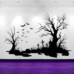 Cemetery Wall Decal, Graveyard Silhouette Scene, Spooky Tree & Bats Art, Gothic Landscape Decor, Haunted House Backdrop - thumbnail 2