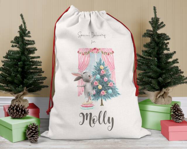 Personalised Christmas Sack Bunny Pink, Girl's Eve Stocking, Present Bag, Father Christmas, Bag - image 1