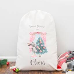 Personalised Christmas Sack Bunny Pink, Girl's Eve Stocking, Present Bag, Father Christmas, Bag - thumbnail 2