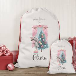 Personalised Christmas Sack Bunny Pink, Girl's Eve Stocking, Present Bag, Father Christmas, Bag - thumbnail 3