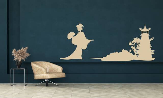 Japanese Geisha Decal, Pagoda Wall Art, Asian Silhouette Decor, Kimono Design, Bonsai Tree, Zen Meditation Room - image 1