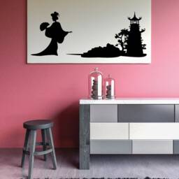 Japanese Geisha Decal, Pagoda Wall Art, Asian Silhouette Decor, Kimono Design, Bonsai Tree, Zen Meditation Room - thumbnail 2