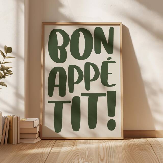 Bon Appetit Poster Trendy Typography Print Cute French Quote Kitchen Wall Art Maximalist Decor Green Khaki 2543 - image 1