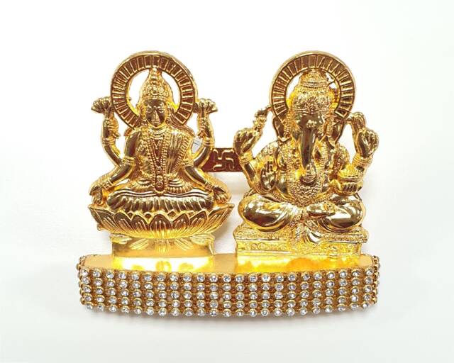 Goddess Lakshmi Lord Ganesh , Rare Stone Decorated, Gold Plated Idol Statue - image 1