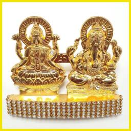 Goddess Lakshmi Lord Ganesh , Rare Stone Decorated, Gold Plated Idol Statue - thumbnail 2