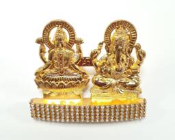 Goddess Lakshmi Lord Ganesh , Rare Stone Decorated, Gold Plated Idol Statue - thumbnail 1