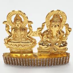 Goddess Lakshmi Lord Ganesh , Rare Stone Decorated, Gold Plated Idol Statue - thumbnail 3